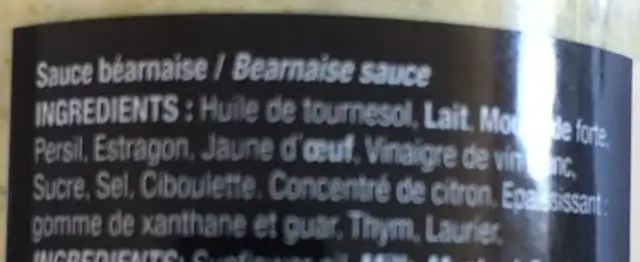 Sauce béarnaise ingredients label