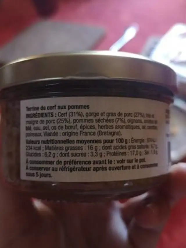 Terrine de cerf de Haute-Brocéliande nutrition facts table