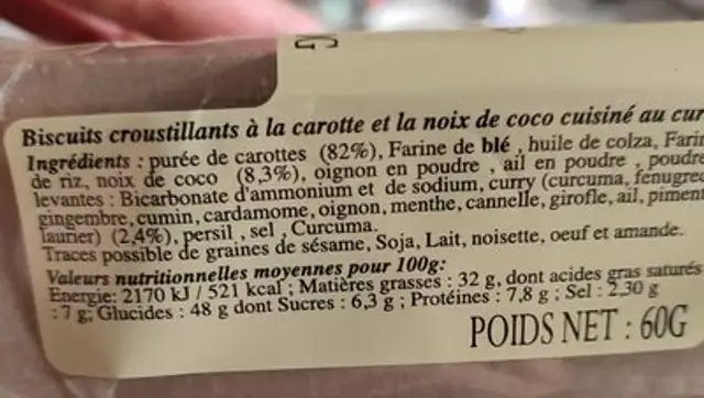 Coeurs de légumes coco curry nutrition facts table