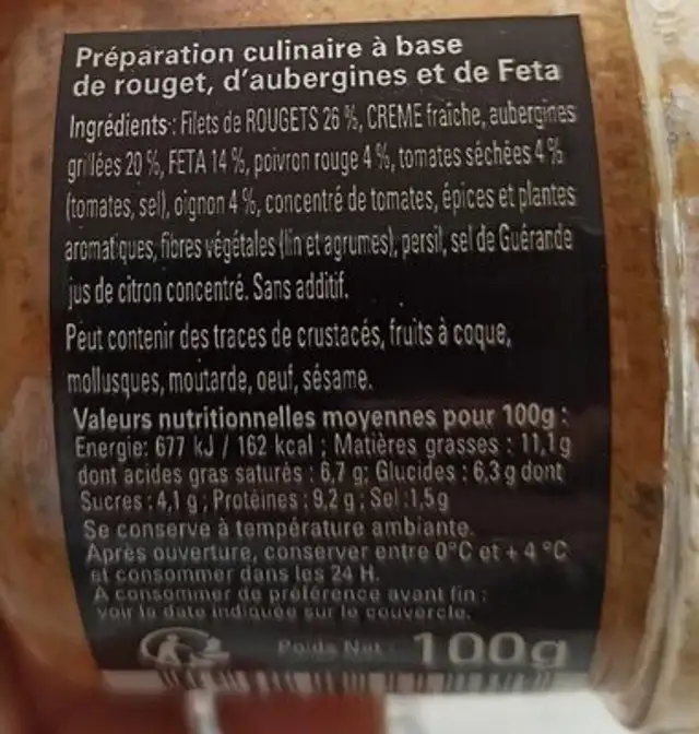 Filet de rouget légumes du soleil et fêta nutrition facts table