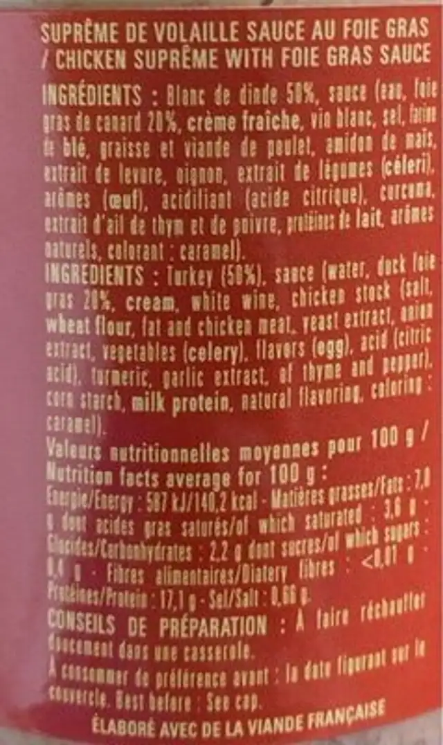 Supreme de volaille nutrition facts table