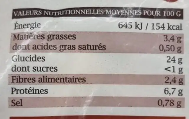 Sticks de Manioc prefrits nutrition facts table