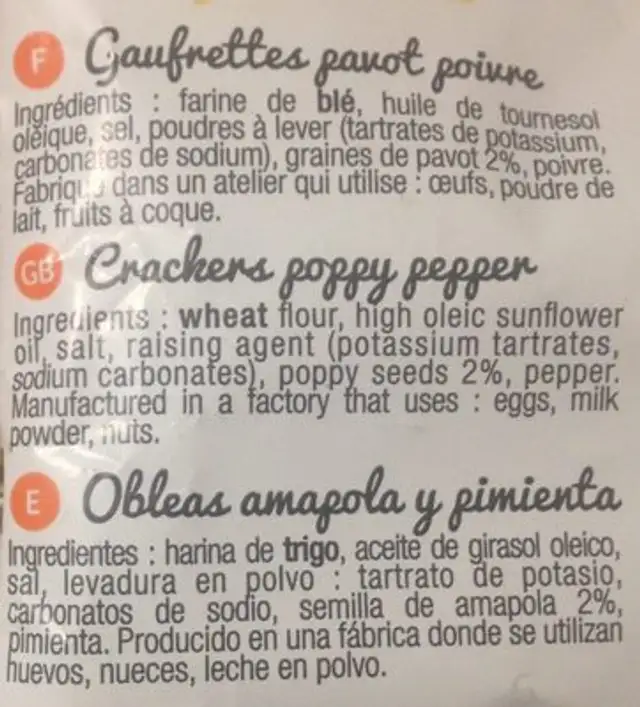 Gaufrettes aperitives ingredients label