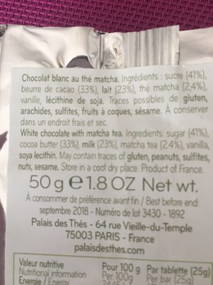 Matcha a croquer ingredients label