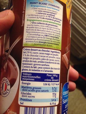 Crèmes dessert au chocolat Mont Blanc ingredients label