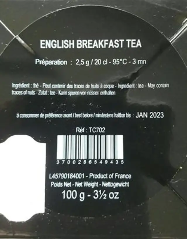 English breakfast tea ingredients label