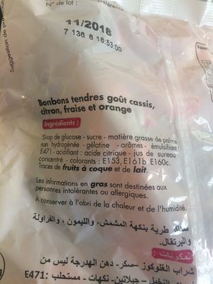 Assortiment de bonbons tendres Goûts citron, orange, fraise, cassis ingredients label