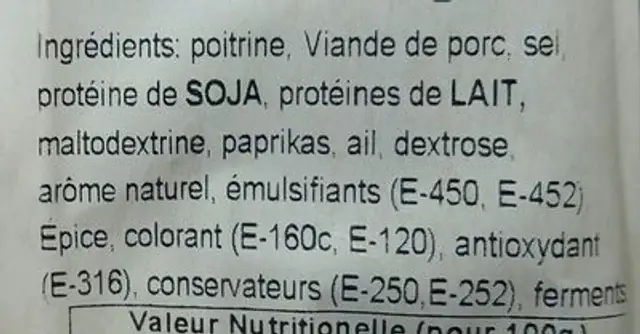 Chorizo extra ingredients label