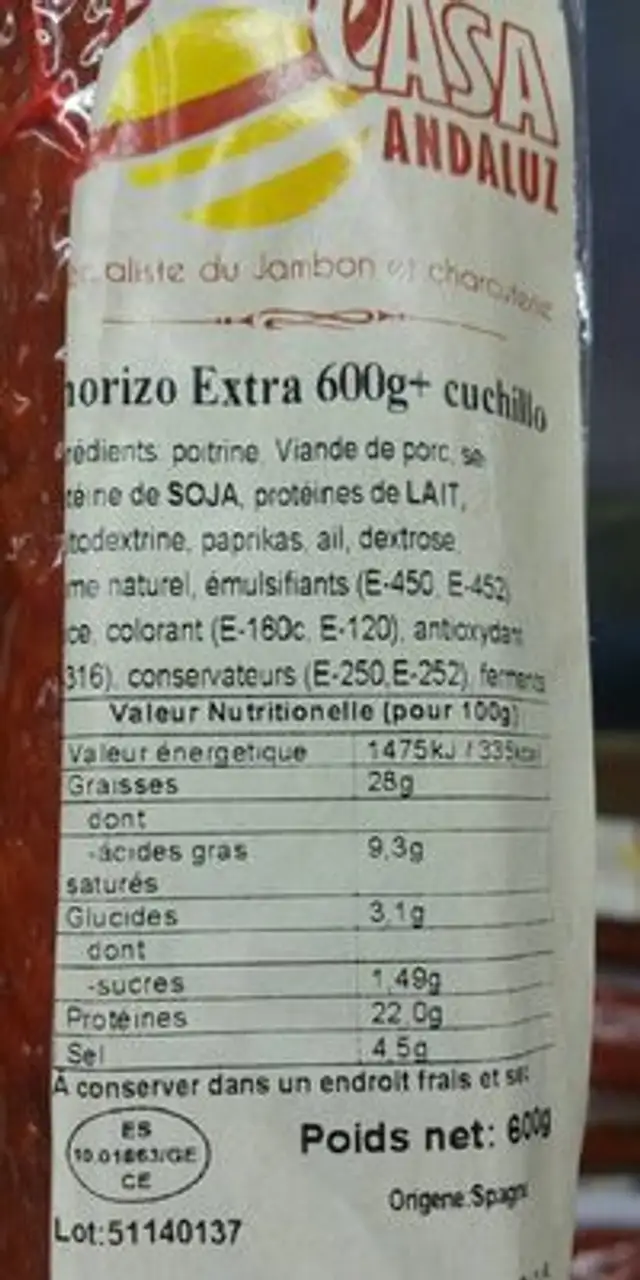 Chorizo extra nutrition facts table