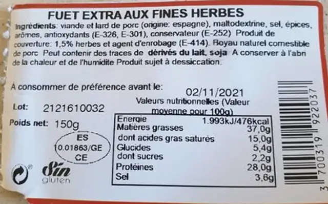 Fuet extra aux fines herbes nutrition facts table