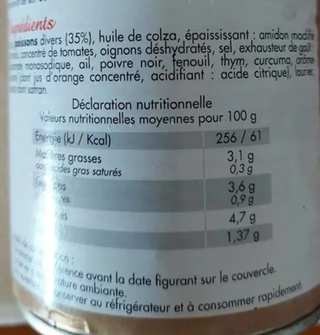 La soupe de poissons d'Elise Cazanova nutrition facts table