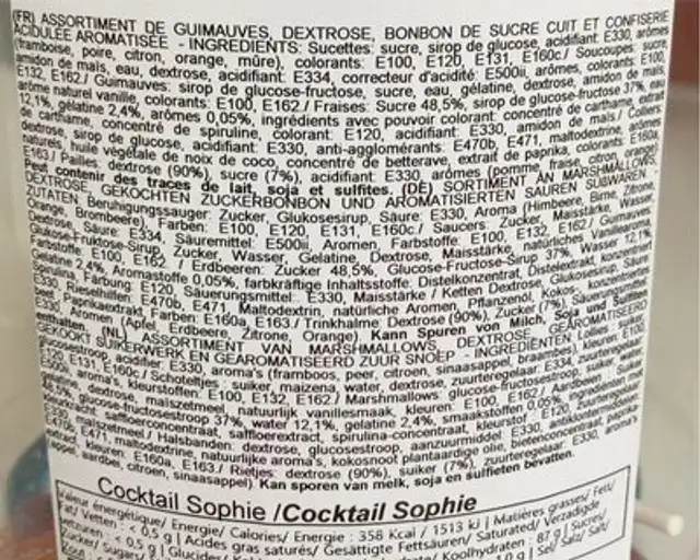 Cocktail Sophie nutrition facts table