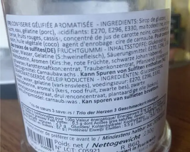 Bonbon nutrition facts table