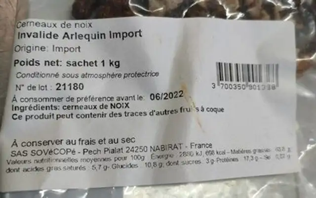 Cerneaux De Noix Invalide nutrition facts table