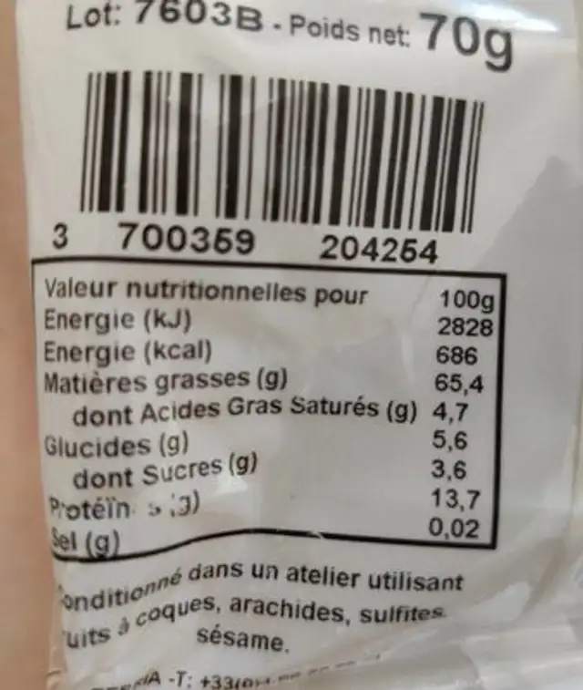 Pignons de pin nutrition facts table