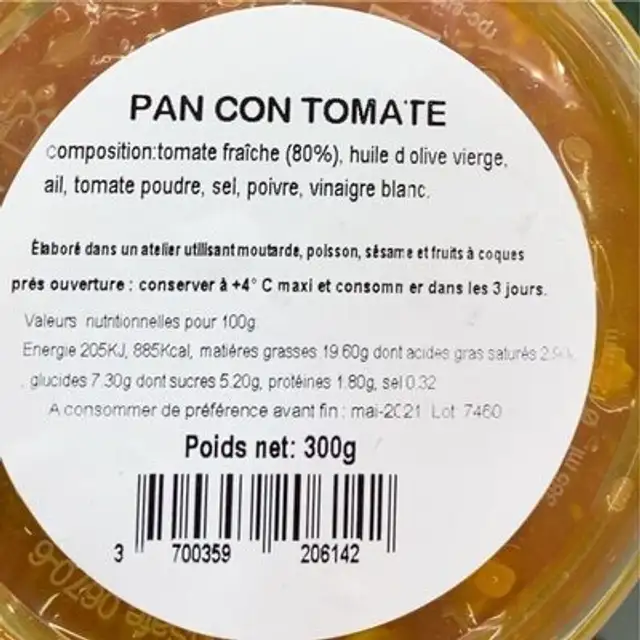 Pan con tomate nutrition facts table