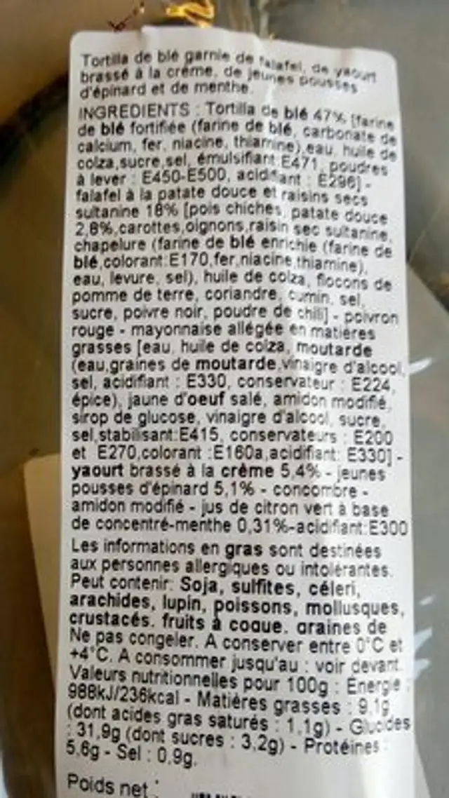 Wrap falafel ingredients label