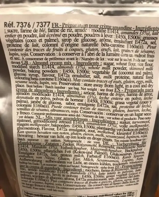 Préparation Frangipane ingredients label