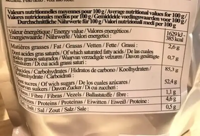Préparation Frangipane nutrition facts table