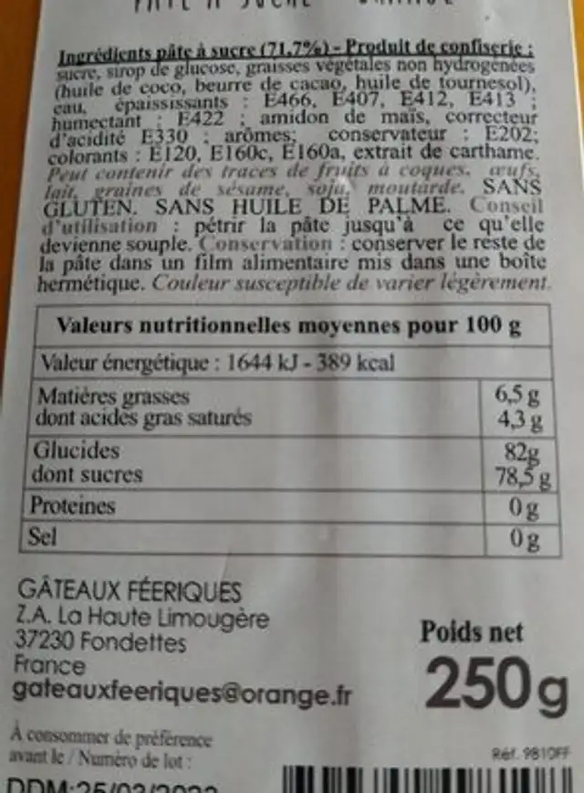 Pâte à sucre nutrition facts table