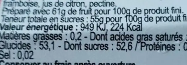 Confiture franboise nutrition facts table