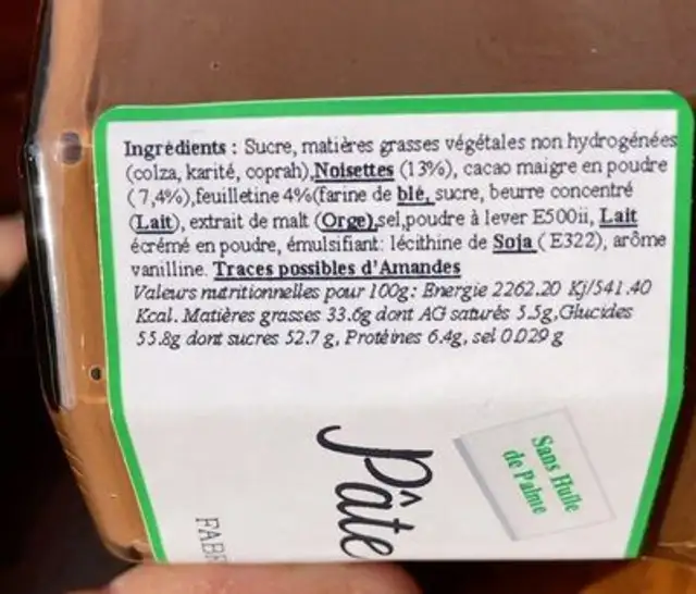 Pâte à tartiner Crunchy nutrition facts table