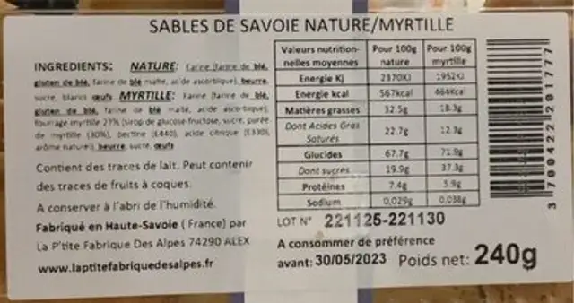 Sables de savoie nature/myrtille nutrition facts table