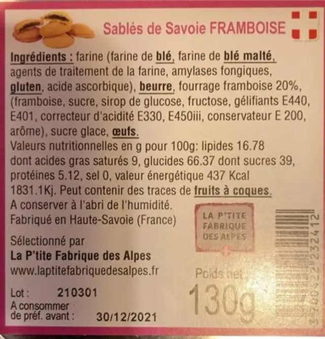 Sablés de Savoie Framboise nutrition facts table