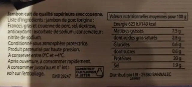 Jambon supérieure avec couenne nutrition facts table