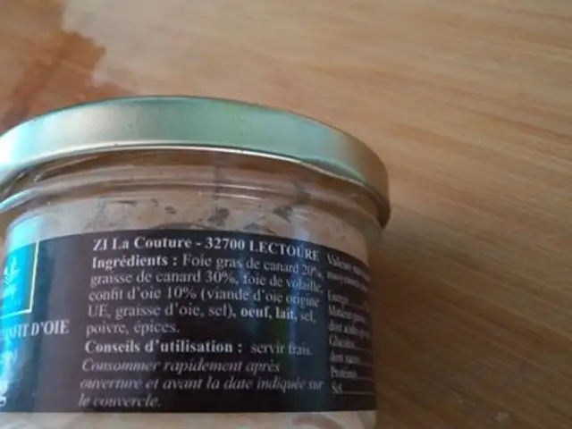 Tartinade de confit d'oie ingredients label
