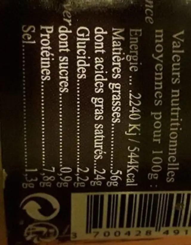 Foie gras de canard entier au poivre de vasco de gama nutrition facts table