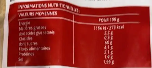 Baguettes sans gluten nutrition facts table