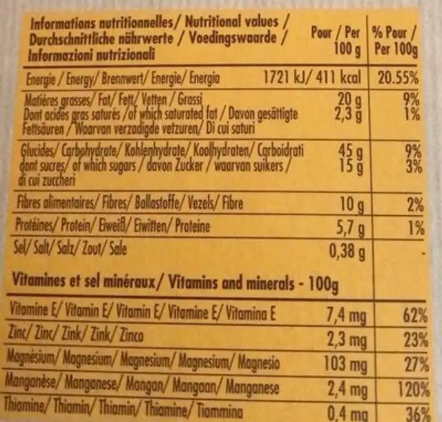 Biscuits croquants nutrition facts table