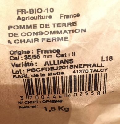Pomme de terre bio ingredients label