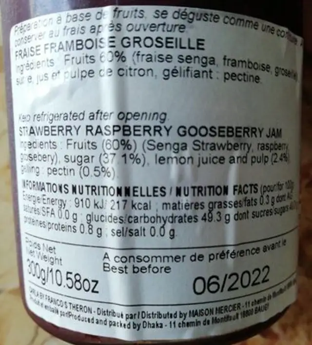 Confiture Fraise Framboise Groseille nutrition facts table