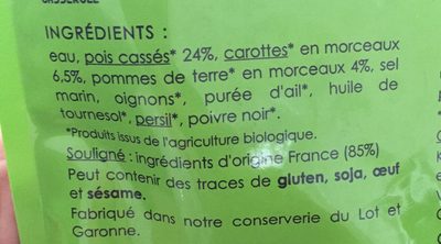 PUREE DE POIS CASSES à la paysanne ingredients label