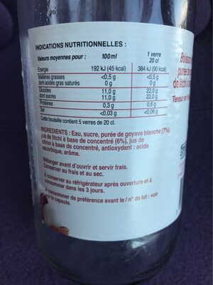 Boisson aux litchis et goyave nutrition facts table