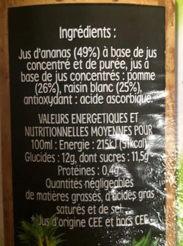 Cidou Ananas nutrition facts table