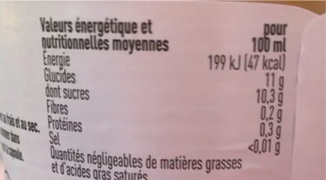 Jus bio poire pomme nutrition facts table