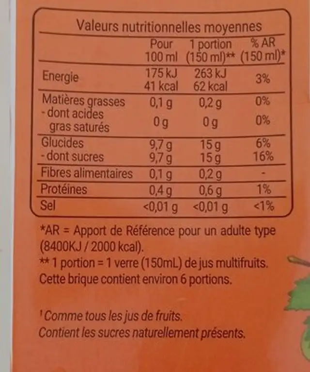 Pur jus Orange mandarine raison nutrition facts table