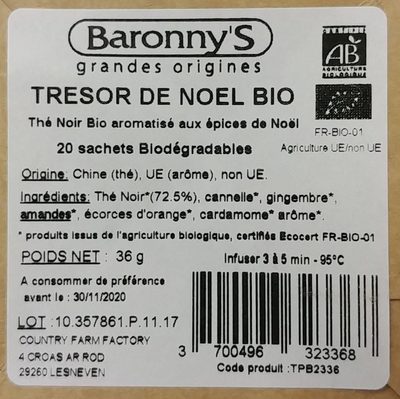 Tresor de Nel Bio ingredients label