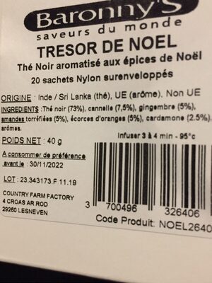 The noir parfumé de Noël nutrition facts table