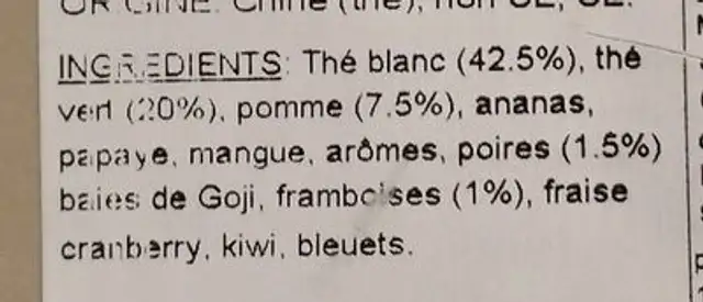 Thé blanc & vert aromatisé ingredients label