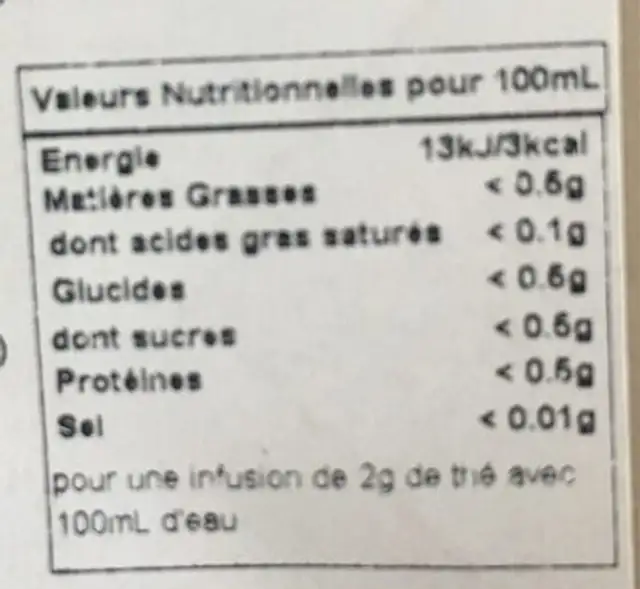 Thé blanc & vert aromatisé nutrition facts table
