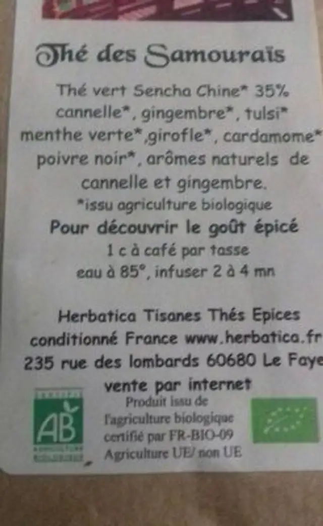 thé des samouraïs nutrition facts table