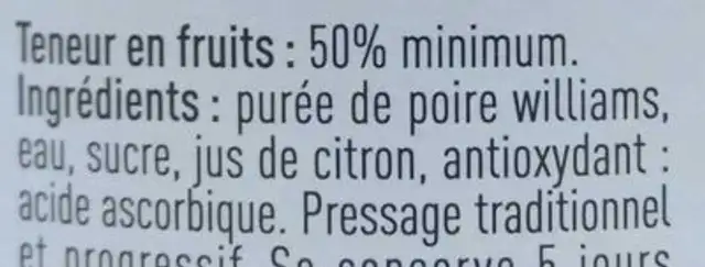 Nectar de poires williams ingredients label
