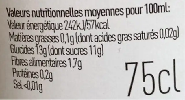 Nectar de poires williams nutrition facts table