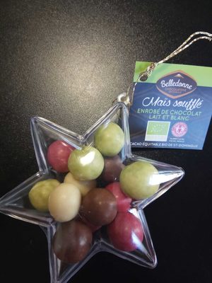 Maïs soufflé enrobé de chocolat lait et blanc front packaging