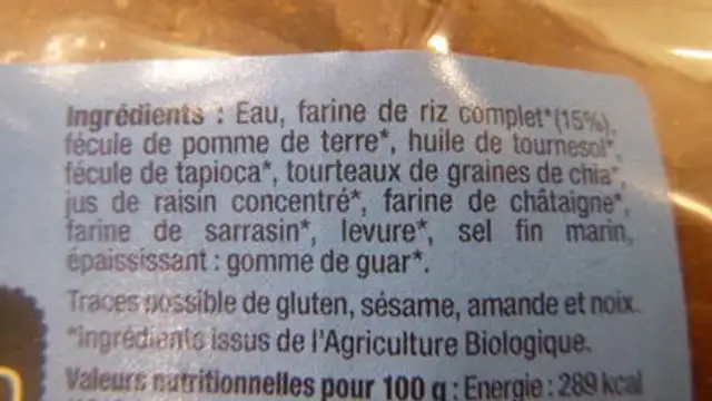 Pain à la farine de riz complet ingredients label