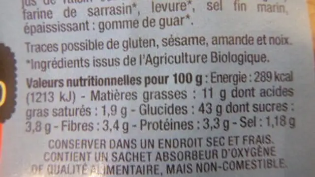 Pain à la farine de riz complet nutrition facts table